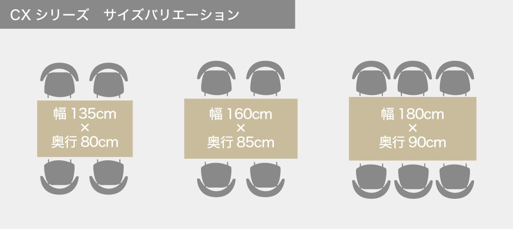 長方形タイプのダイニングテーブル(CXシリーズ)サイズバリエーション